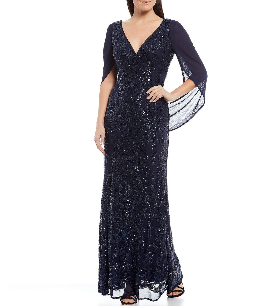 Navy Sequin Drape-Back Cape Gown C145267