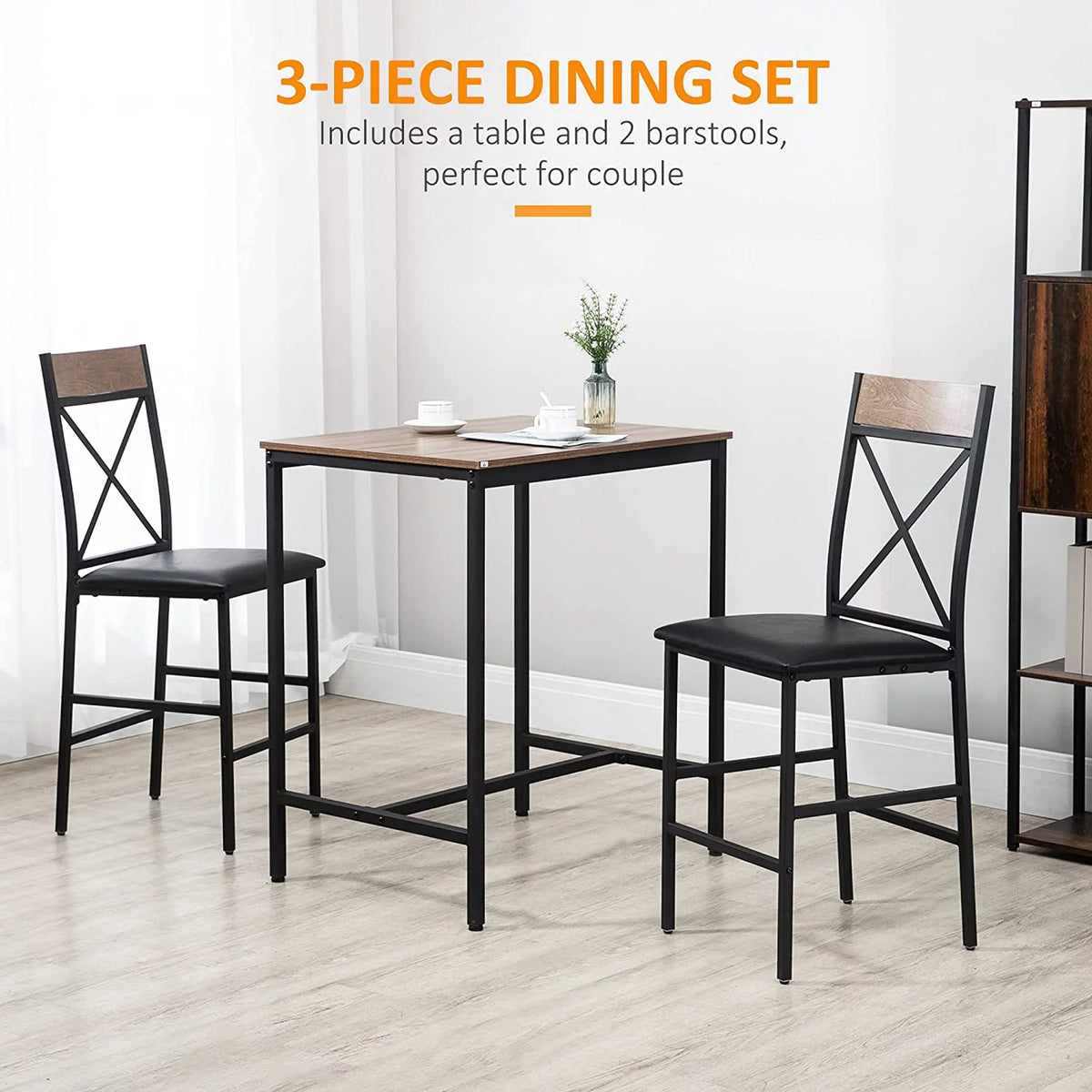 3 Piece Brown Dining Table and Chairs Set with PU Padded Stools O427549