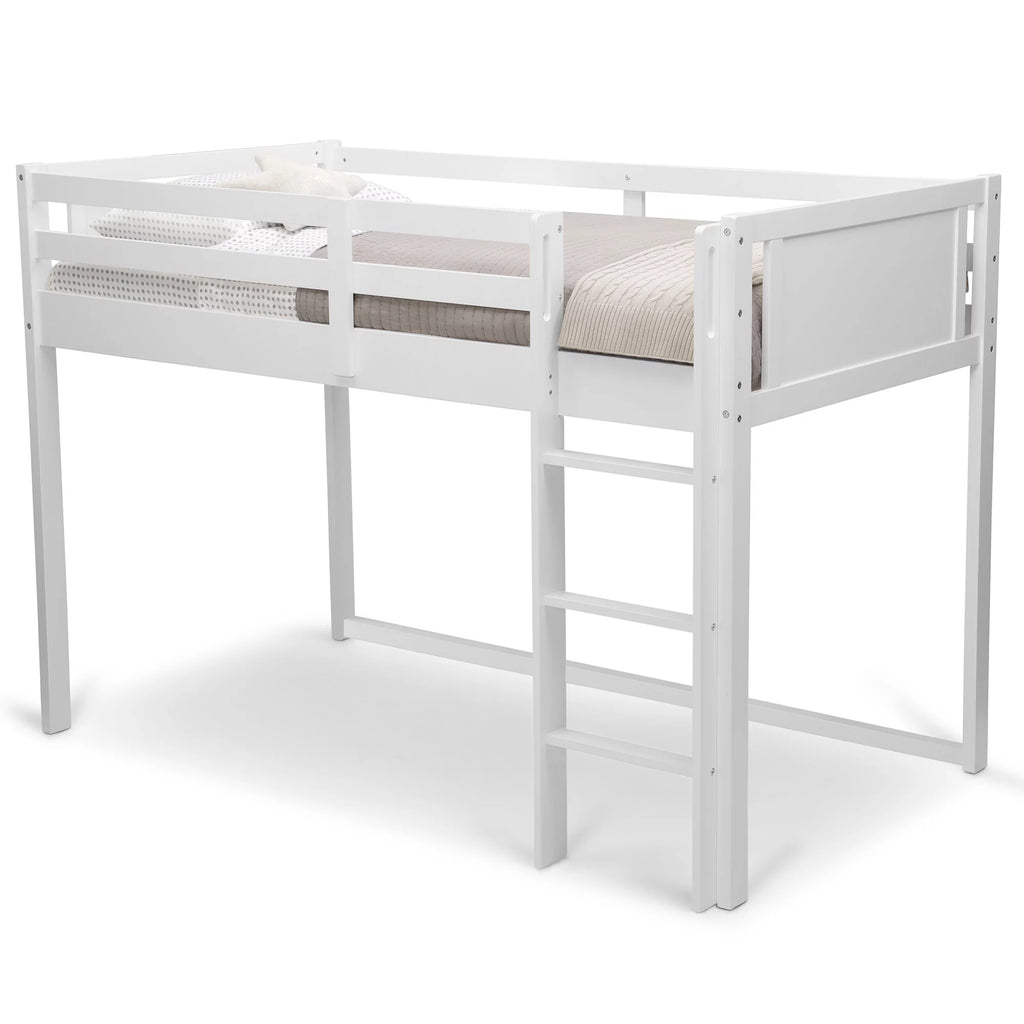 White Twin Loft Bed with Guardrail and Ladder G9716