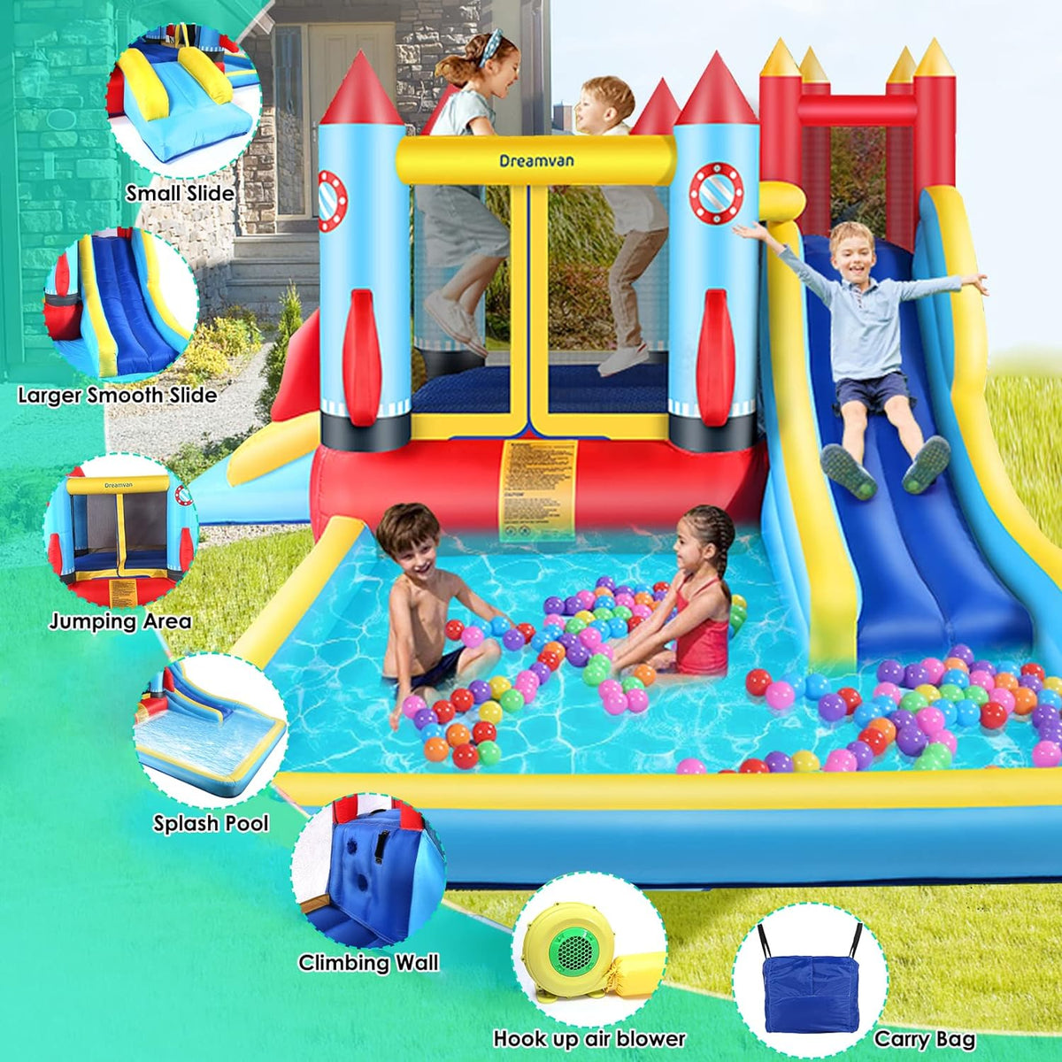 4-in-1 Children's Inflatable Bounce House with Pool and Slide M4353