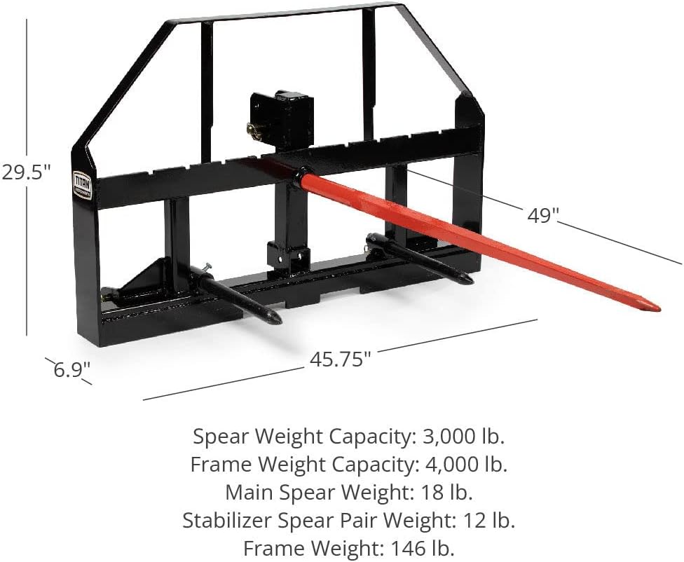 Pallet Fork Frame Attachment with 49 Hay Spear and Stabilizers, Fits Cat I & II Tractors, Rated 4,000 LB U8123