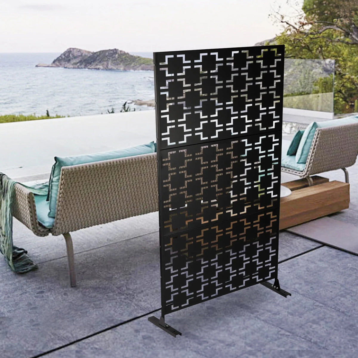 Black Metal Outdoor Privacy Screen Panel with Stand N861562
