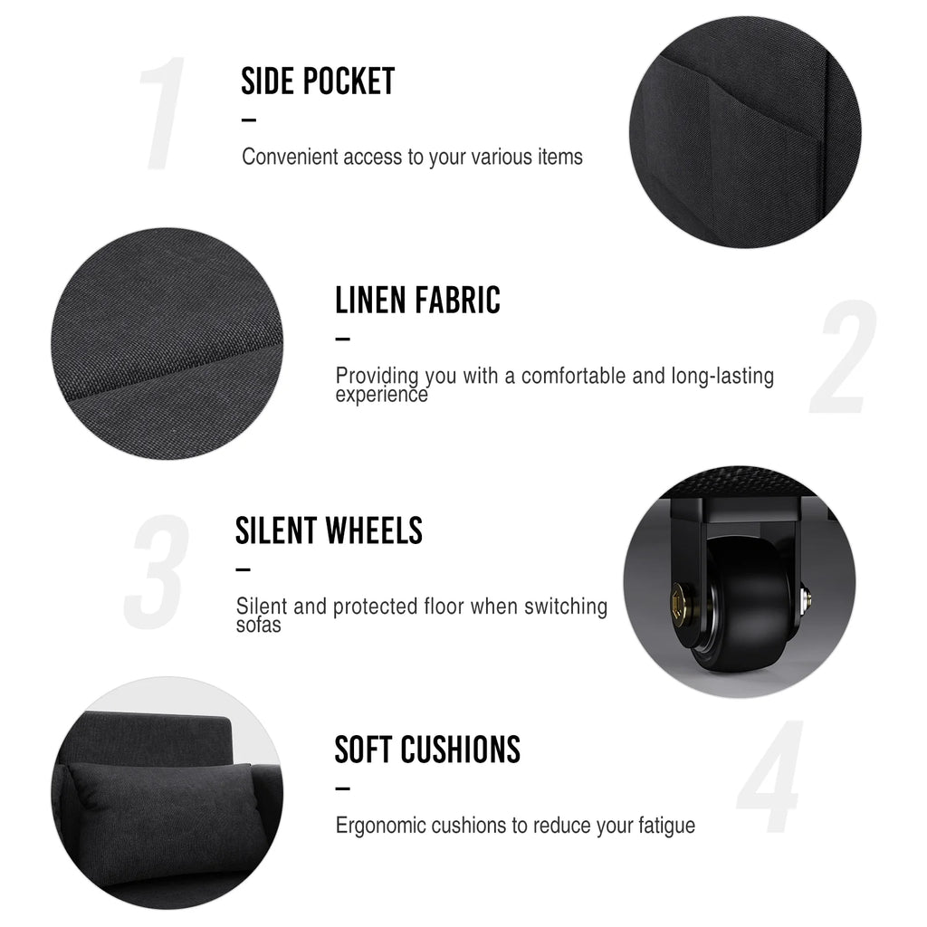 Black Linen Loveseat Sofa Bed with 2 Pillows E844