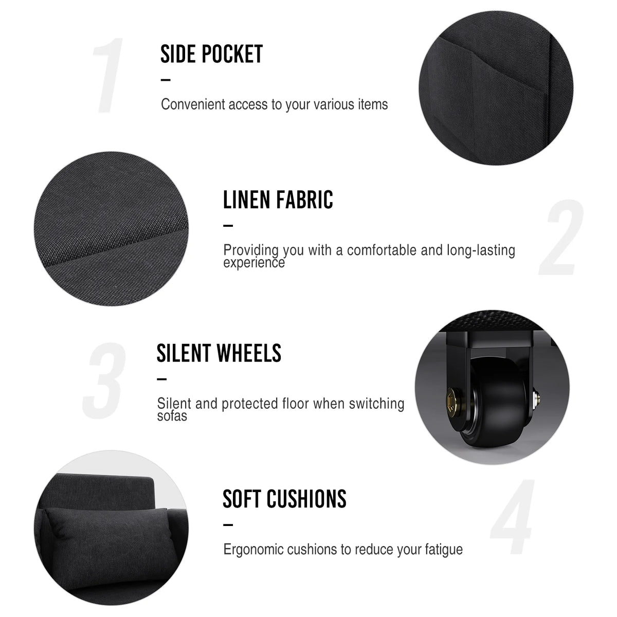 Black Linen Loveseat Sofa Bed with 2 Pillows E844