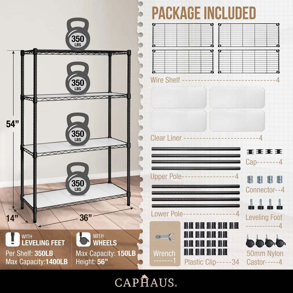 Black 4-Tier Adjustable Metal Wire Shelving Unit with Wheels L964