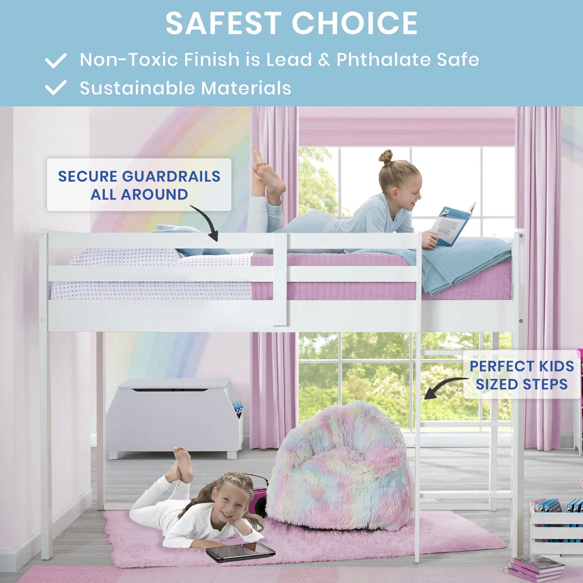White Twin Loft Bed with Guardrail and Ladder G9716