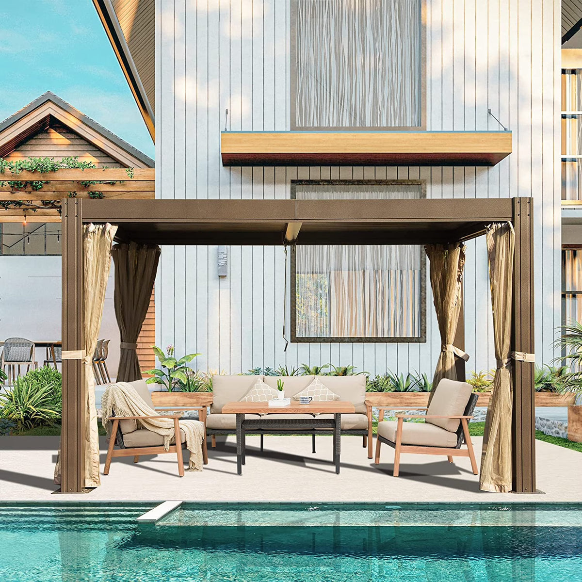 Louvered Pergola with Mosquito Netting B92836