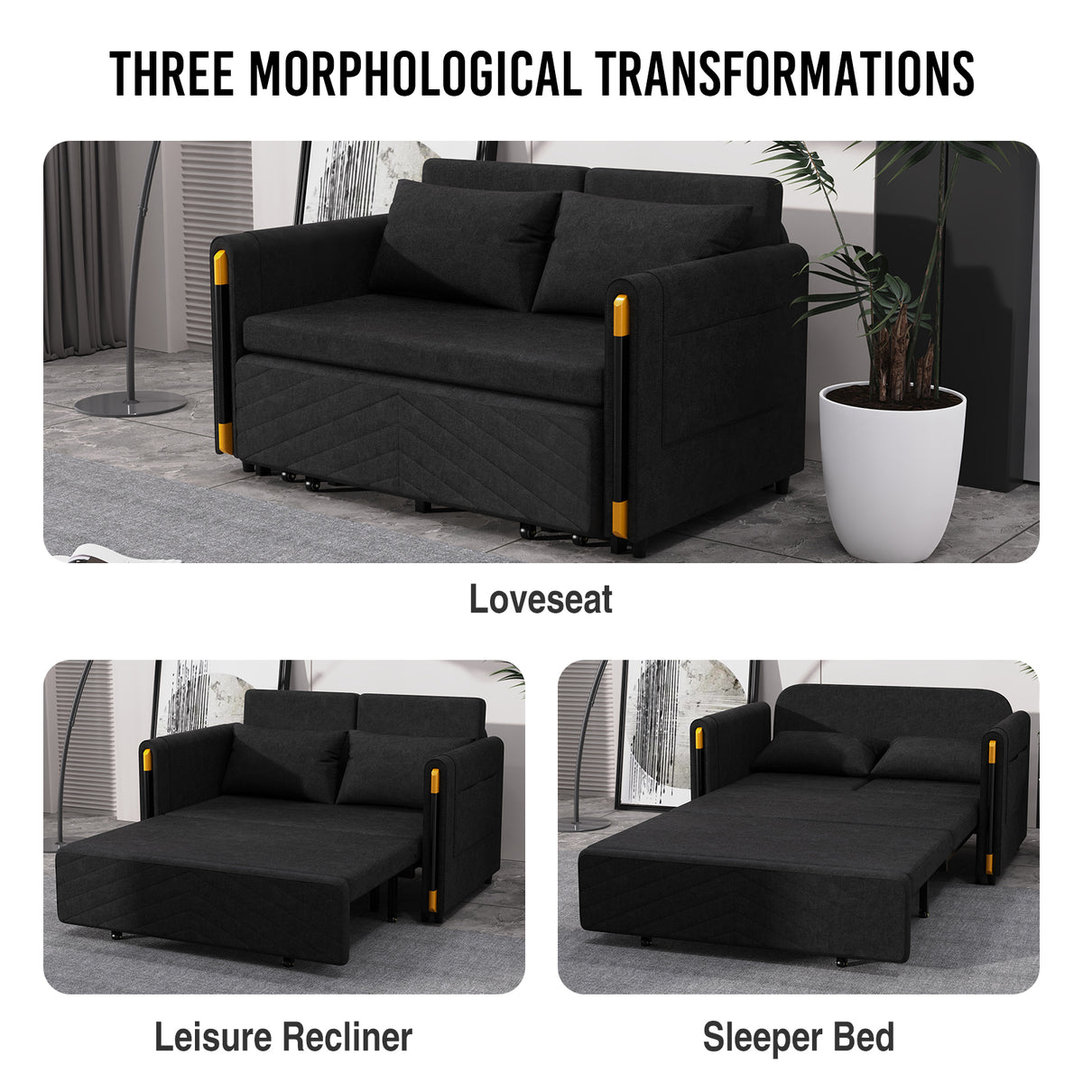 Black Linen Loveseat Sofa Bed with 2 Pillows E844