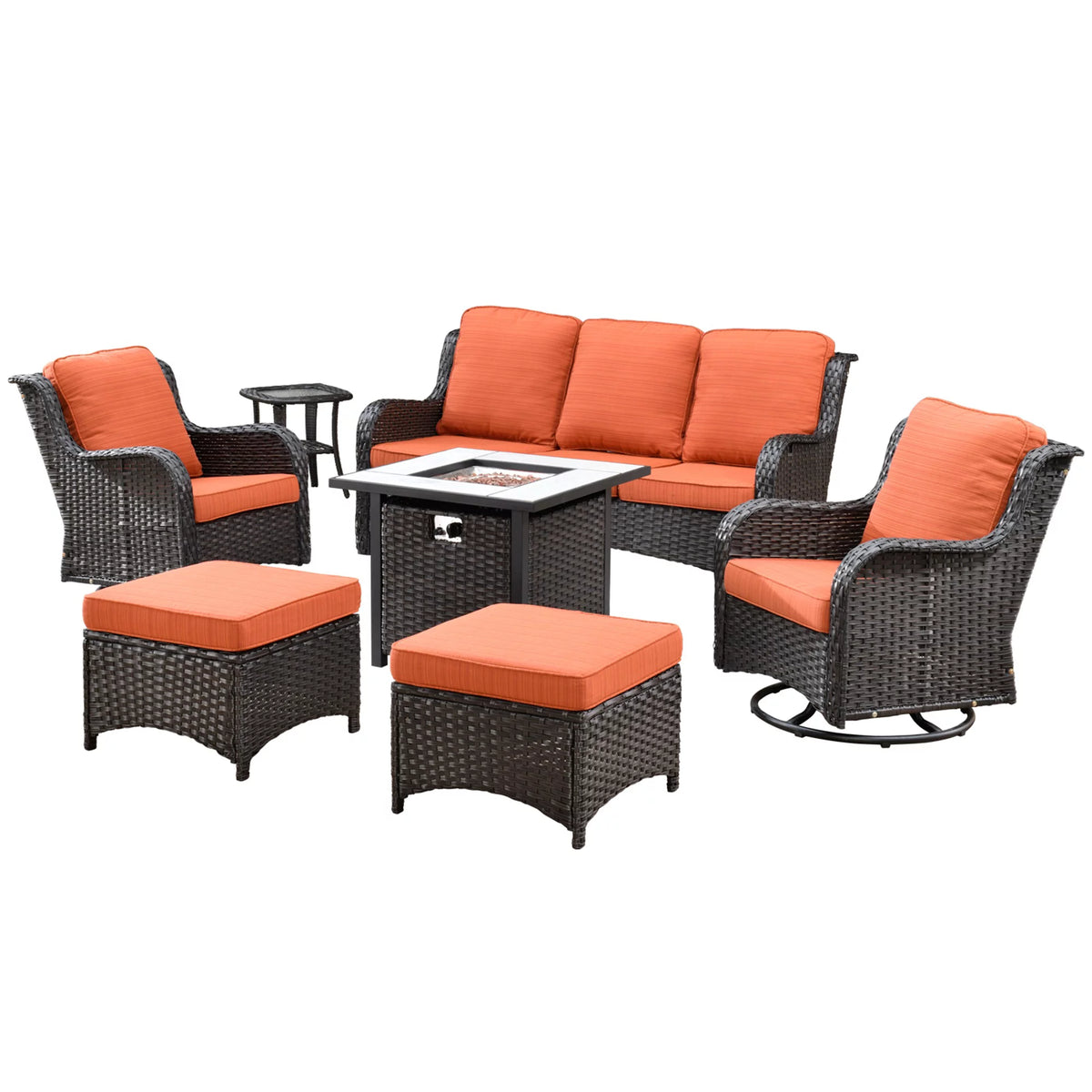 7 Pieces Wicker Metal Frame Patio Furniture Set with Fire Pit Table Z215