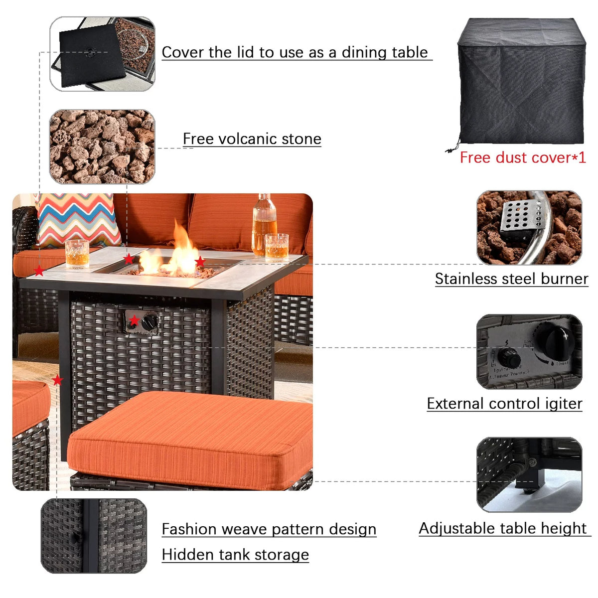 7 Pieces Wicker Metal Frame Patio Furniture Set with Fire Pit Table Z215