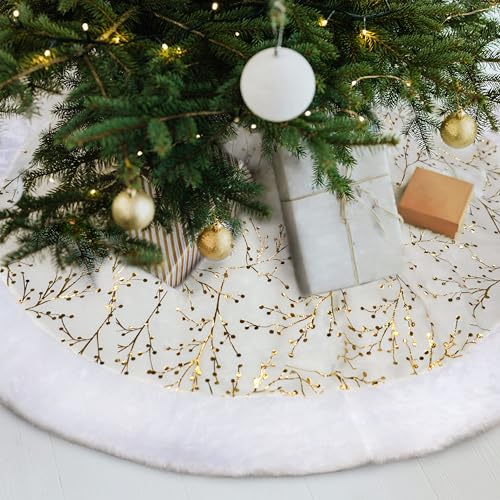 48 Inch White and Gold Faux Fur Plush Velvet Christmas Tree Skirt F425927