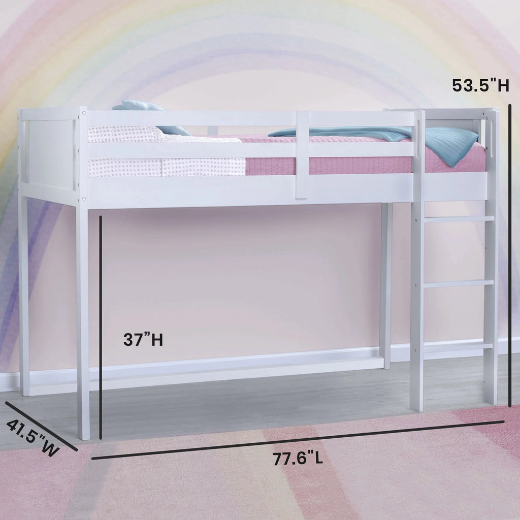 White Twin Loft Bed with Guardrail and Ladder G9716