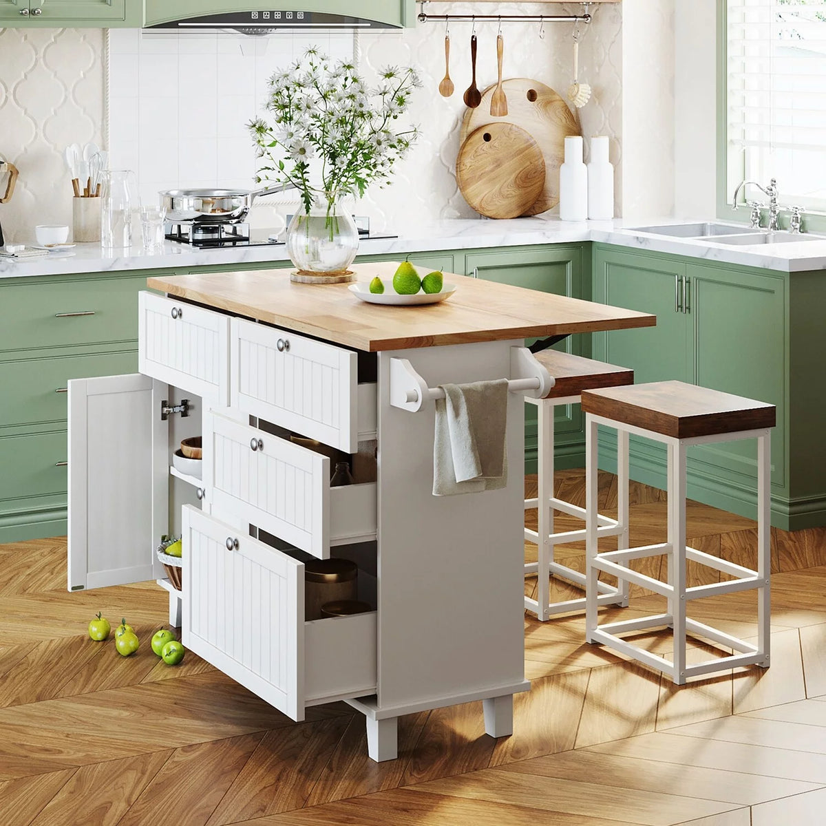 Blue Kitchen Island Set with Drop Leaf and 2 Seatings T6742