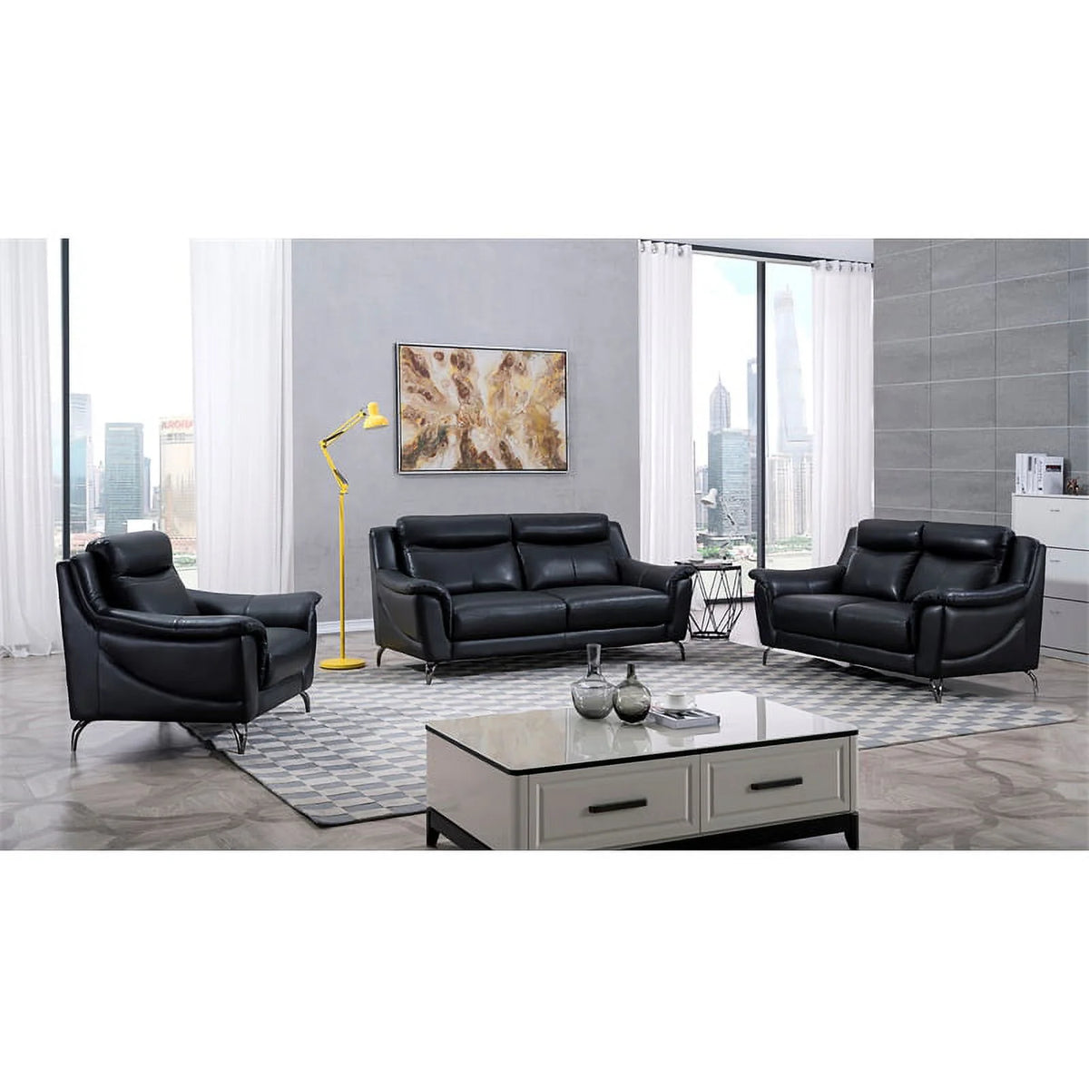Black Genuine Leather Sofa J402
